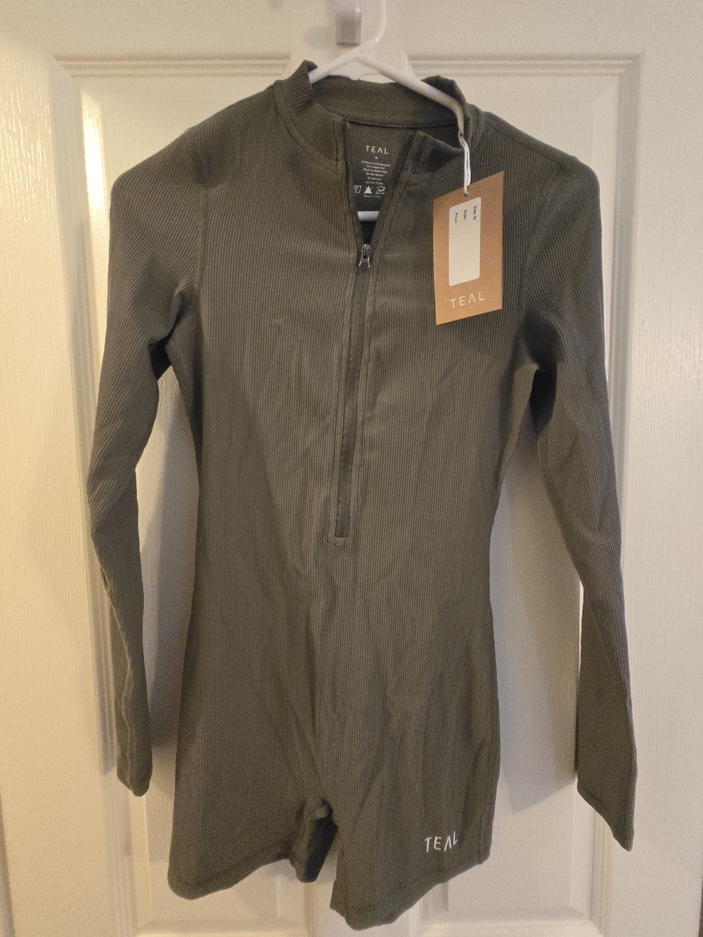 Active By TEAL Half Zipped Long Sleeve Jumpsuit Ribbed Olive Green